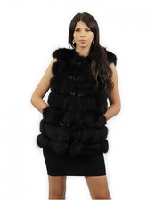 Gilet smanicato nero taglia 44 gilet di pelliccia di volpe con cappuccio e ta...