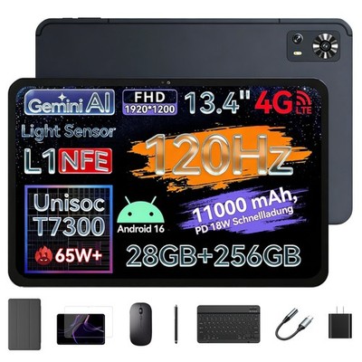 2026 Neu Tablet Android 16 28GB RAM+256GB 11000mAh 13 Zoll 4G LTE 2 SIM WlFl IPS