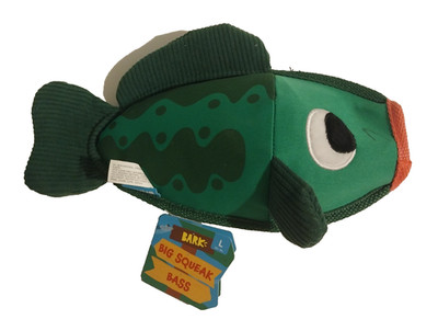 Bark Big Squeak Bass Green Fish Dog Toy Squeaker Crinkle Treat Trap 50+ lbs. NWT