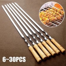 6/12/18/24/30x BBQ Skewers Stainless Steel Flat Kebab Sticks with Wooden Handle