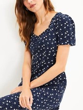 Floral Cinched Midi Dress Sweetheart Neckline Side Slit Blue White Sz 6