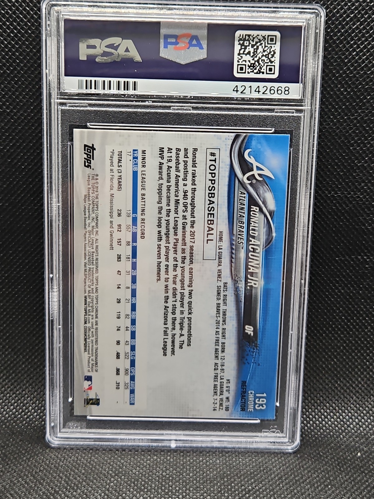 2018 Topps Chrome  Ronald Acuna Jr. Sepia Refractor PSA 10 view 2