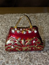 Vintage Red Enamel Rhinestone Handbag Purse Trinket Box with Magnetic Closure