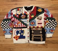 VTG Eagle Eye Americana Sweater Womens Large? Patriotic Flag Hand Knit Cardigan