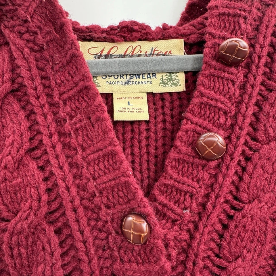 Hollister Y2K Wool Cable Knit Hoodie Sweater Sz L Dark Red Slim Preppy Grunge - Image 3 of 4