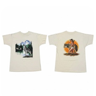 Vtg Wildside Native American Indian Wolf Graphic T-Shirt L Double Sided 90s Y2K