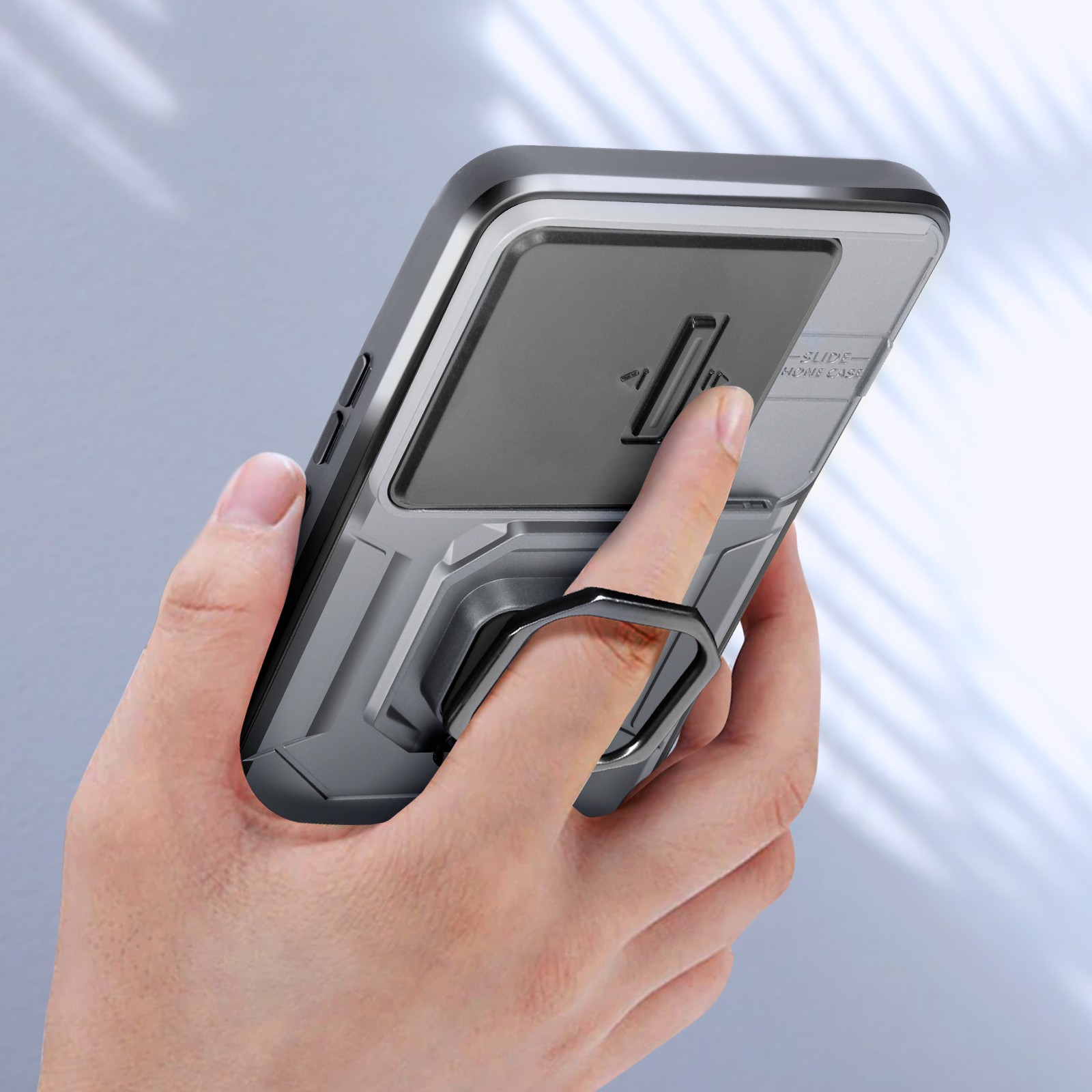 Coque Xiaomi 14 gris avec support anneau et cache objectif coulissant