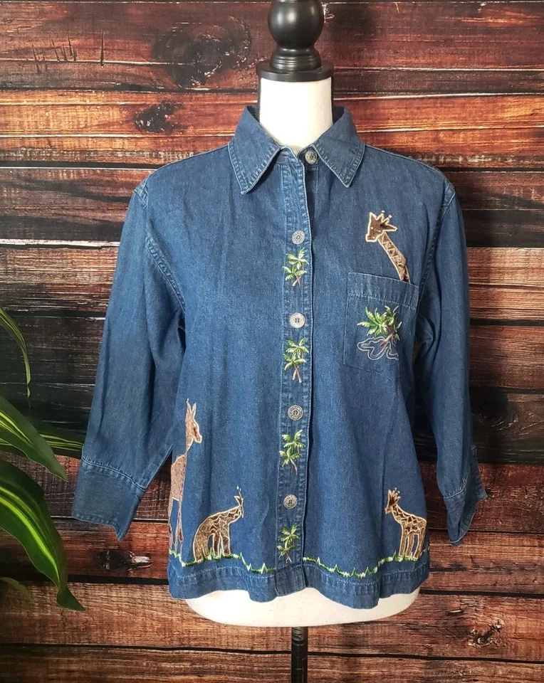 New Direction Denim Jean Top Mediano Bordado Terciopelo Jirafa Camisa Mangas 3/4 Foto 4 de 4