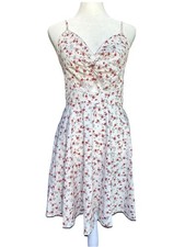 White Floral Sun Dress M Chest Twist Back Tie Short Fit Flare Ditsy Cottagecore