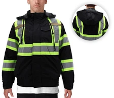 Men's Black Class 3 High Visibility Water Resistant Removable Hood Work Jacket