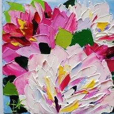 Peony Bouquet Painting Flowers Wall Art Impasto Oil Original Art 4x4"