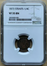 Straits Settlements 1/4 Cent 1873 NGC VF-35 Very Scarce! CV $550 in VF