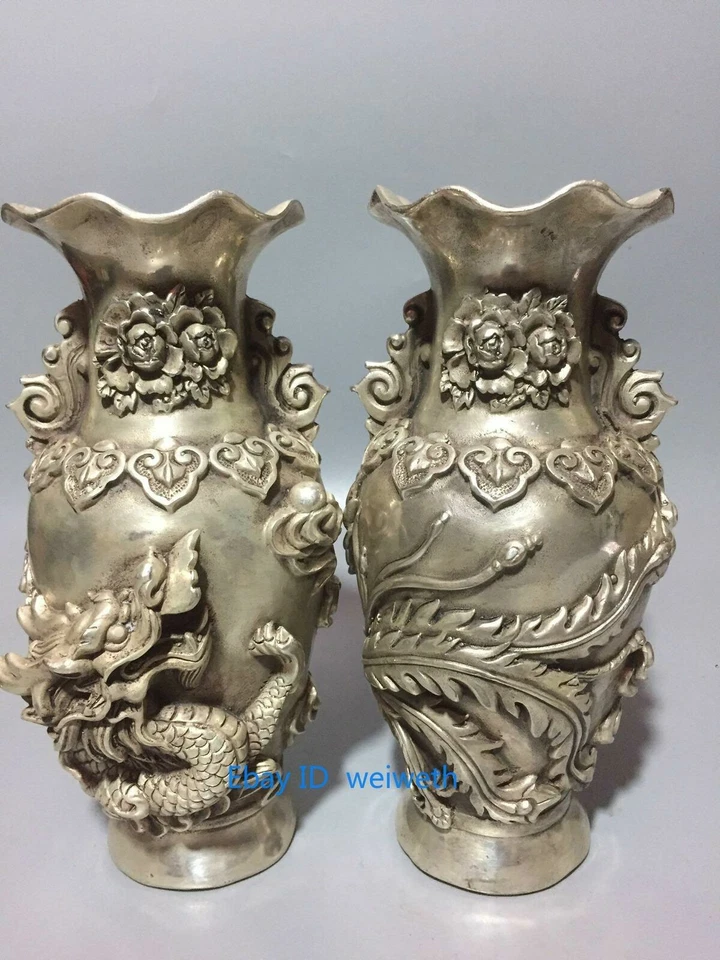 Collection old Tibet silver Vase Handwork carved dragon&Phoenix w Qianlong Mark - Image 4 of 4