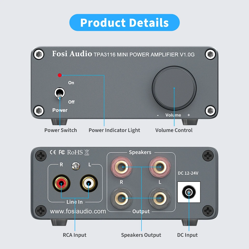 Fosi Audio V1.0G Amplifier 2 Channel Stereo Audio Digital Class D Home Power Amp - Image 4 of 4