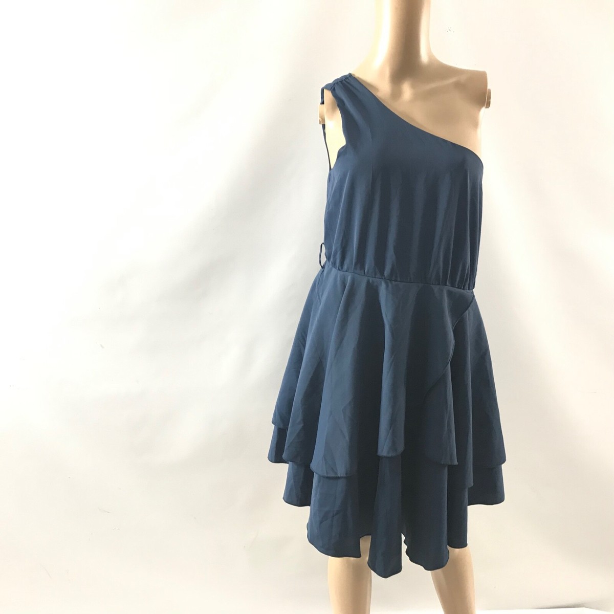 Lillusory Women's One Shoulder Sleeve Dress L Blue Tiered Chiffon Knee  Length | eBay