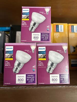 3-pack lot Philips PAR20 Dimmable LED 75W 8.5W Bright White Flood Light Bulb