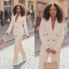 Fashion Off White Female Suits Slim Fit Double Breasted Shawl Lapel Jacket Pants