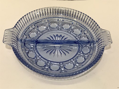 Vintage Relish Tray Dish Glass Blue Windsor 2 Part Tab Handled Indiana Federal - Picture 2 of 8