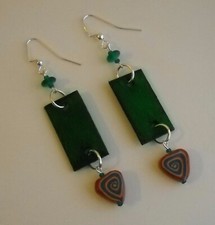 Green Wood Clay Earrings Beaded Handmade Unique Pierced Dangle Painted New OOAK