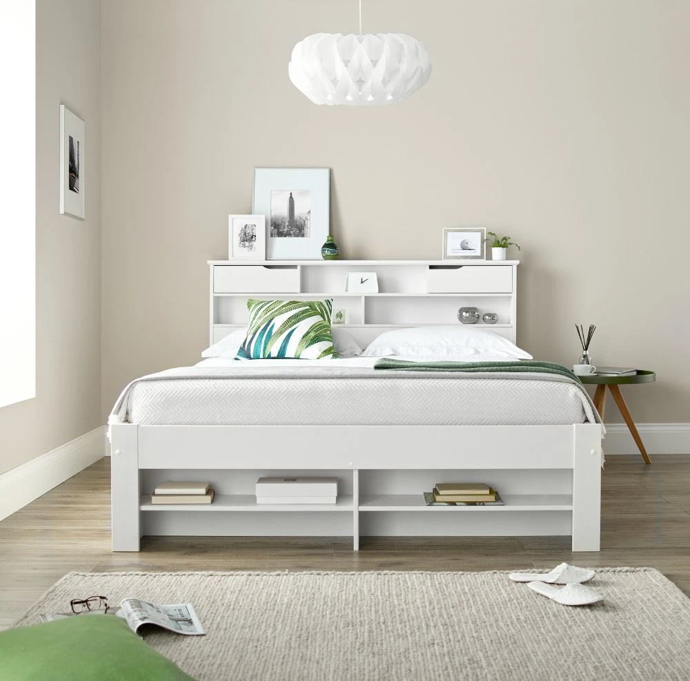 Wood Storage Bed Fabio White Bookcase Bed with 2 Size and 4