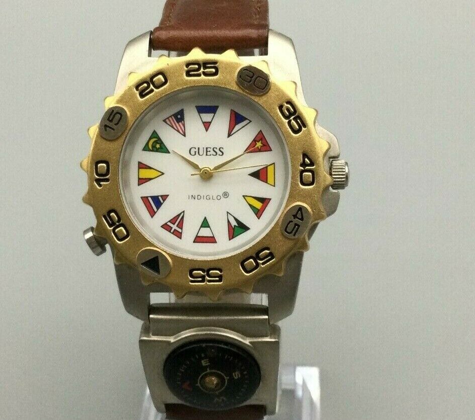 Vintage Guess Watch Men 2021new shipping free shipping Silver Gold Dual Ba Compass Tone Leather OFFicial store
