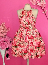 WOMEN PINK FLORAL HALTER NECK SLEVELESS TEA DRESS ( SIZE M )