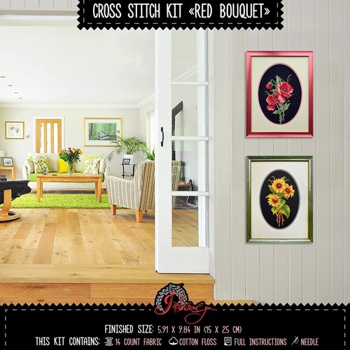 Red poppies bouquet cross stitch kit Poppy embroidery kit Black Aida - Picture 8 of 10