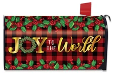 Joy To The World Christmas Magnetic Mailbox Cover Checkered Berries Standard