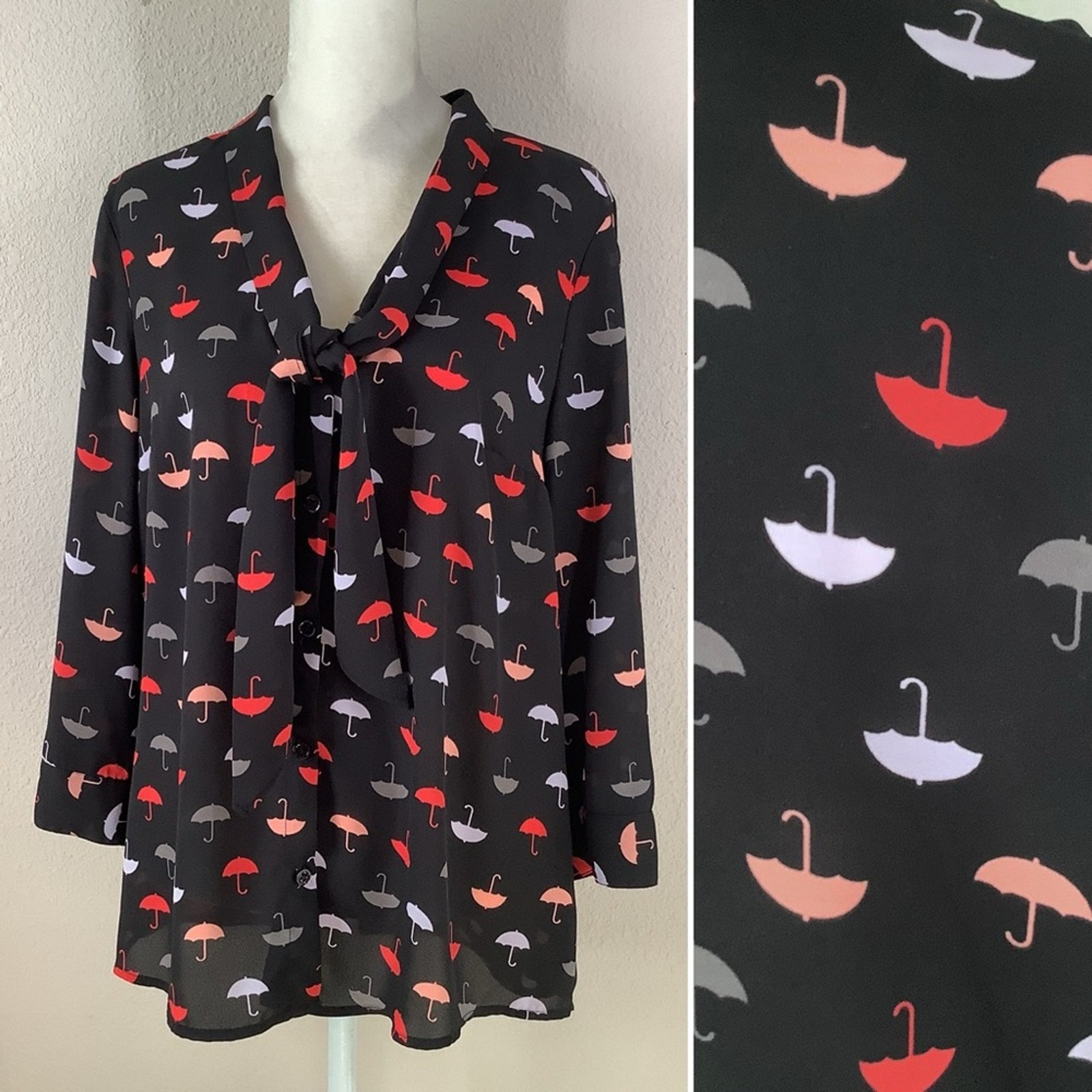 MODCLUB Stylish Black Umbrella Print Blouse with Button-Up Design, Elegant Neck Bow Detail, Perfect for Pinup, Career, and Office Wear