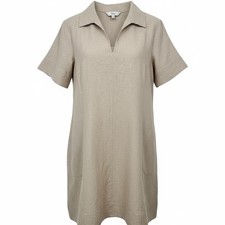 Finley Size MEDIUM Gold Beige Linen Blend Collared Short Sleeve Dress - CJ
