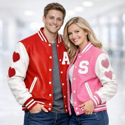Embroidered Valentine's Day Couple Varsity Jacket Leather Sleeves & Red Wool