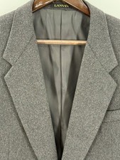 Lanvin Paris Heavy Flannel Wool Blazer Gray 42R Gold Buttons, Excellent Vintage