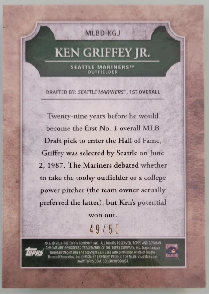 2016 年 Bowman Chrome 美国职棒大联盟选秀历史黄金折射器 #/50 Ken Griffey Jr. — 第 2/2 张图片