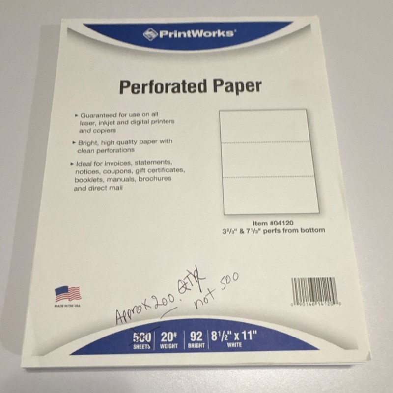 W-2 paper PrintWorks Perforated Paper Letter 8.5x11 20 lb White Sheets 04120