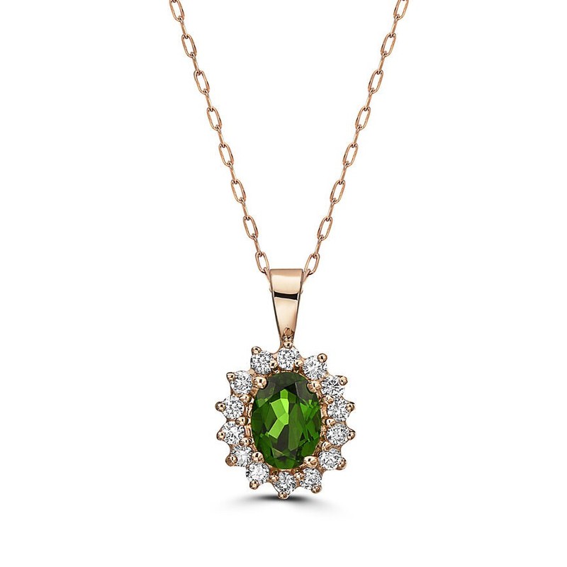 Birthstone Pendant 1 cts Natural Green Diopside, Nude Diamonds, in 14K Rose Gold