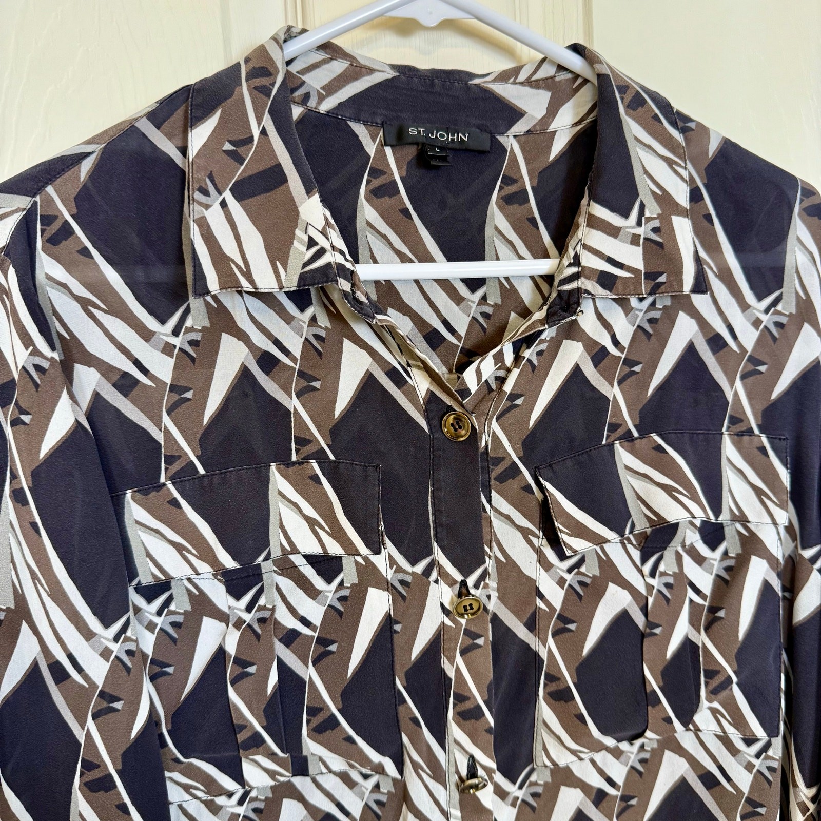 St. John Geometric Print Tunic Top Black Brown White Long Sleeve Silk Blend LRG