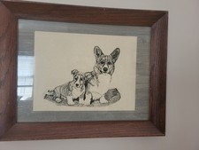 1974 Jim Beaudoin Corgi With Baby Corgi Rare Vintage Framed JT