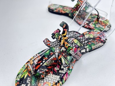 SAM EDLMAN Carter Flip Flop Size 7 Floral Palms Green Orange Pink Black Sandal