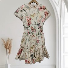 Zimmermann Mercer Flutter Lace-Up Floral Print Sz 1/US 6 Linen Blend Mini Dress