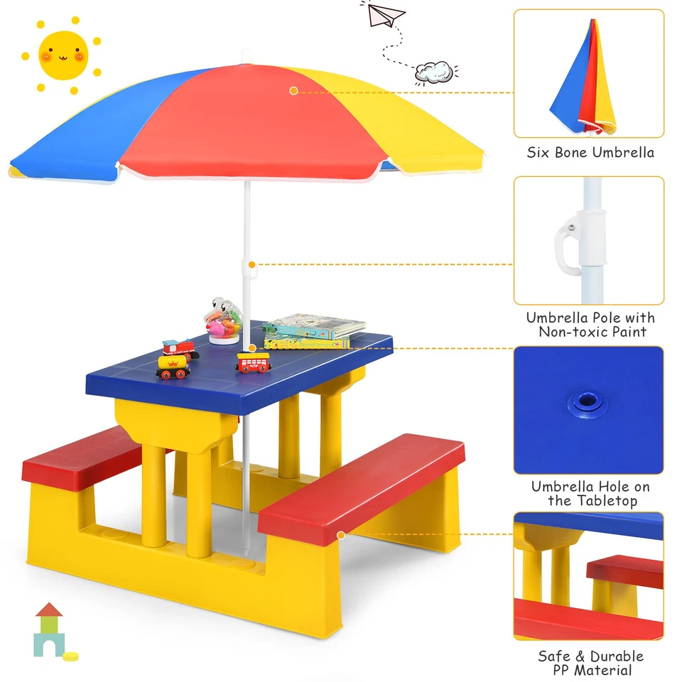 Conjunto de mesa de piquenique infantil Costway com guarda-chuva removível pátio jardim interno externo - Imagem 3 de 4