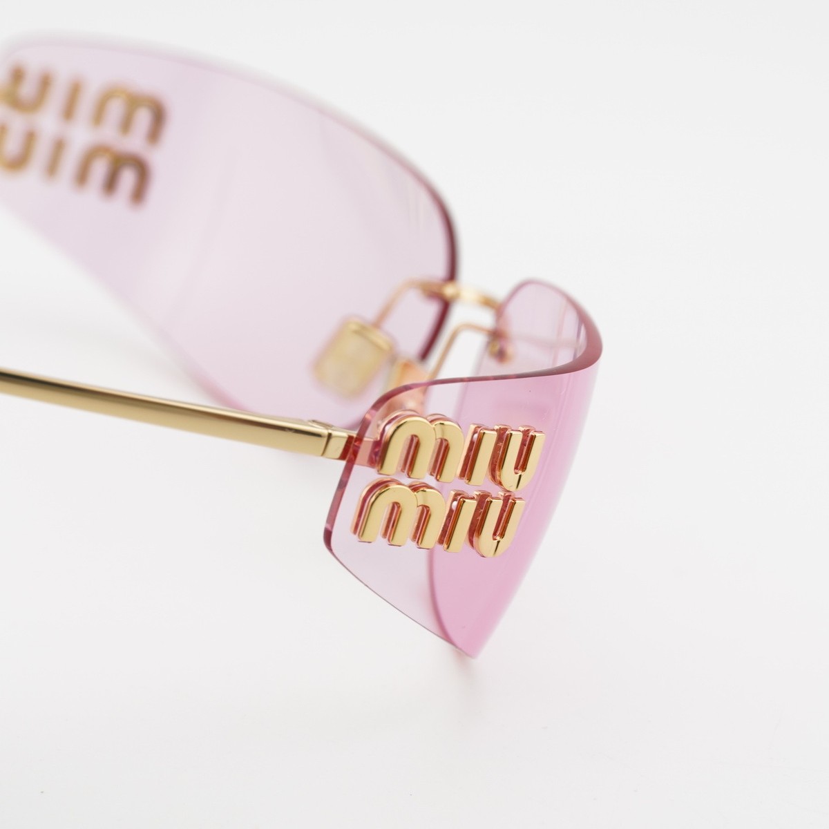 Miu Miu Women Sunglasses Gold Pink Mirror Rectangle Rimless MUA51S 5AK90Y MIU MIU MU A51S ZVN90O Pale Gold Pink Women Wrap Sunglasses  main image 4