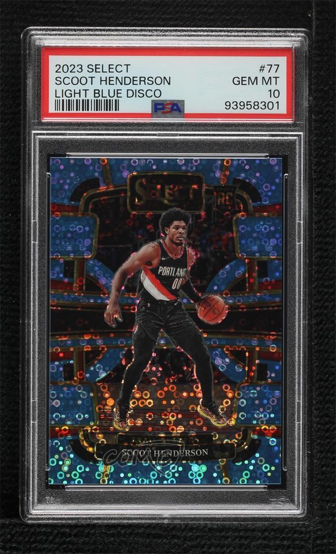 2023-24 Select Concourse Light Blue Disco Prizm 63/99 Scoot Henderson PSA 10 1o2