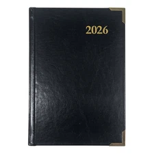 BROWNLINE 2026 Daily Planner – Black Bonded Leather, Gold Corners, Trilingual