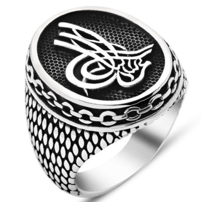Solid  925 Sterling Silver Sultan's Monogram Tughra Men's Ring