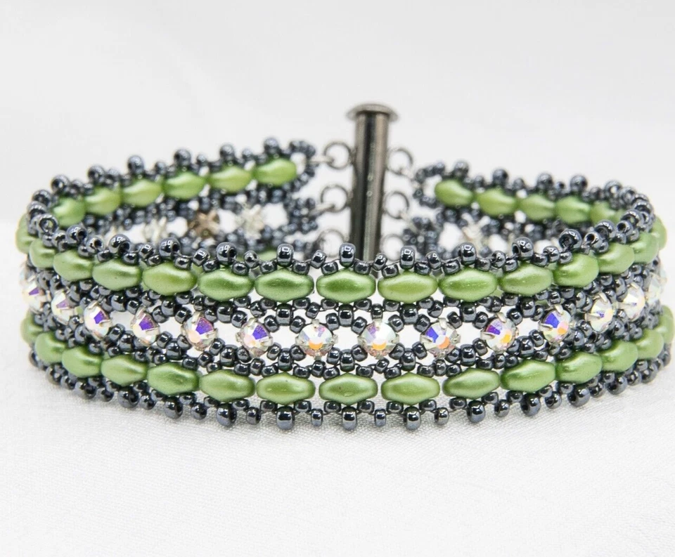 Damen Armband Grün Grau Handarbeit mit Swarovski Glasperlen 17cm Schmuck NEU - Bild 3 von 4