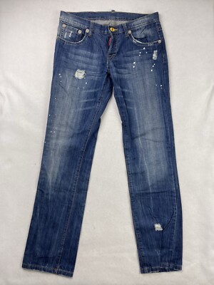 Dsquared2 Men s Jeans Size Medium 32X33 Distressed Blue Yellow Buttons Designer