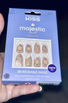 New KISS majestic nails DREAM Sculpted Medium Coral Color With Hearts Reusable