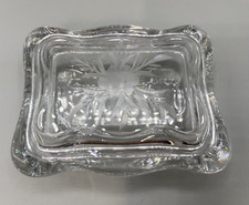Vintage Etched Flower Clear Glass Trinket Box w/ Lid Rounded Rectangle 4" x 4.5"