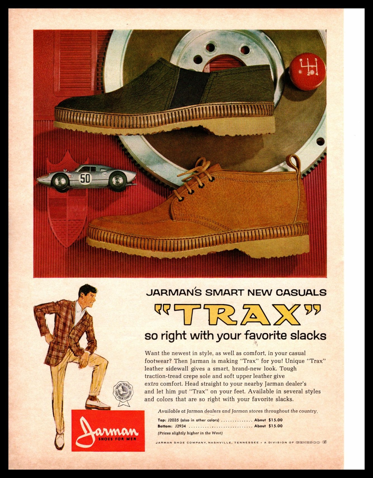 SAOLA Pubblicità 1966 Jarman Trax suola crepe elegante casual "scarpe da uomo" Nashville Tenn stampa
