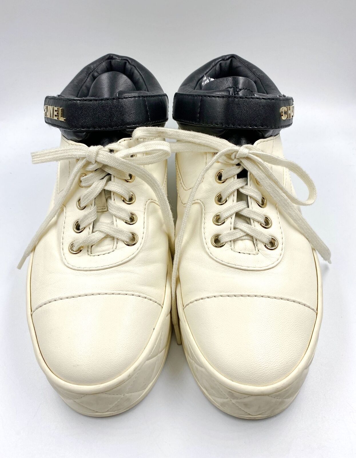 CHANEL COCO Mark Leather Trainers Sneakers 39 White Black G34967 High Top  Unisex